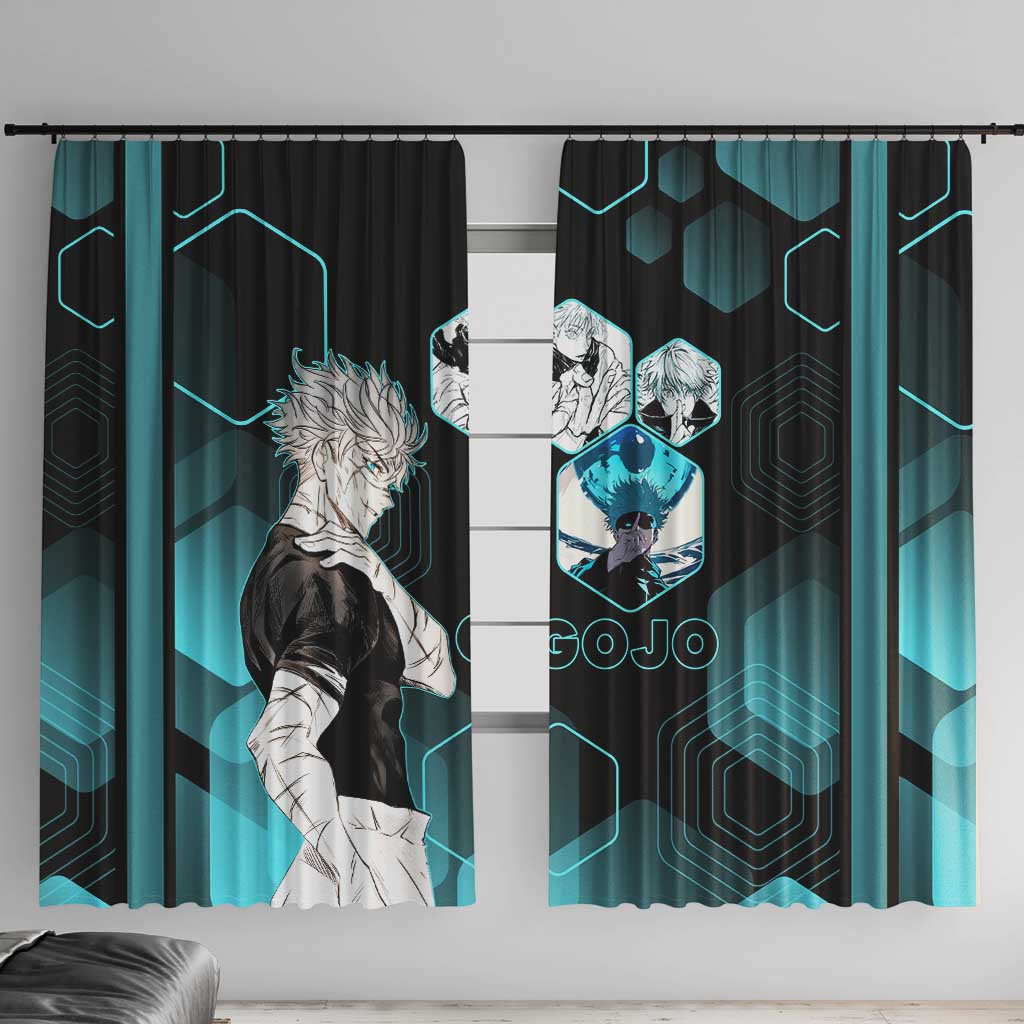 Gojo Satoru Jujutsu Kaisen Blue Hexagon Pattern Window Curtain with Intense Expressions and Modern Anime Art - The Mazicc