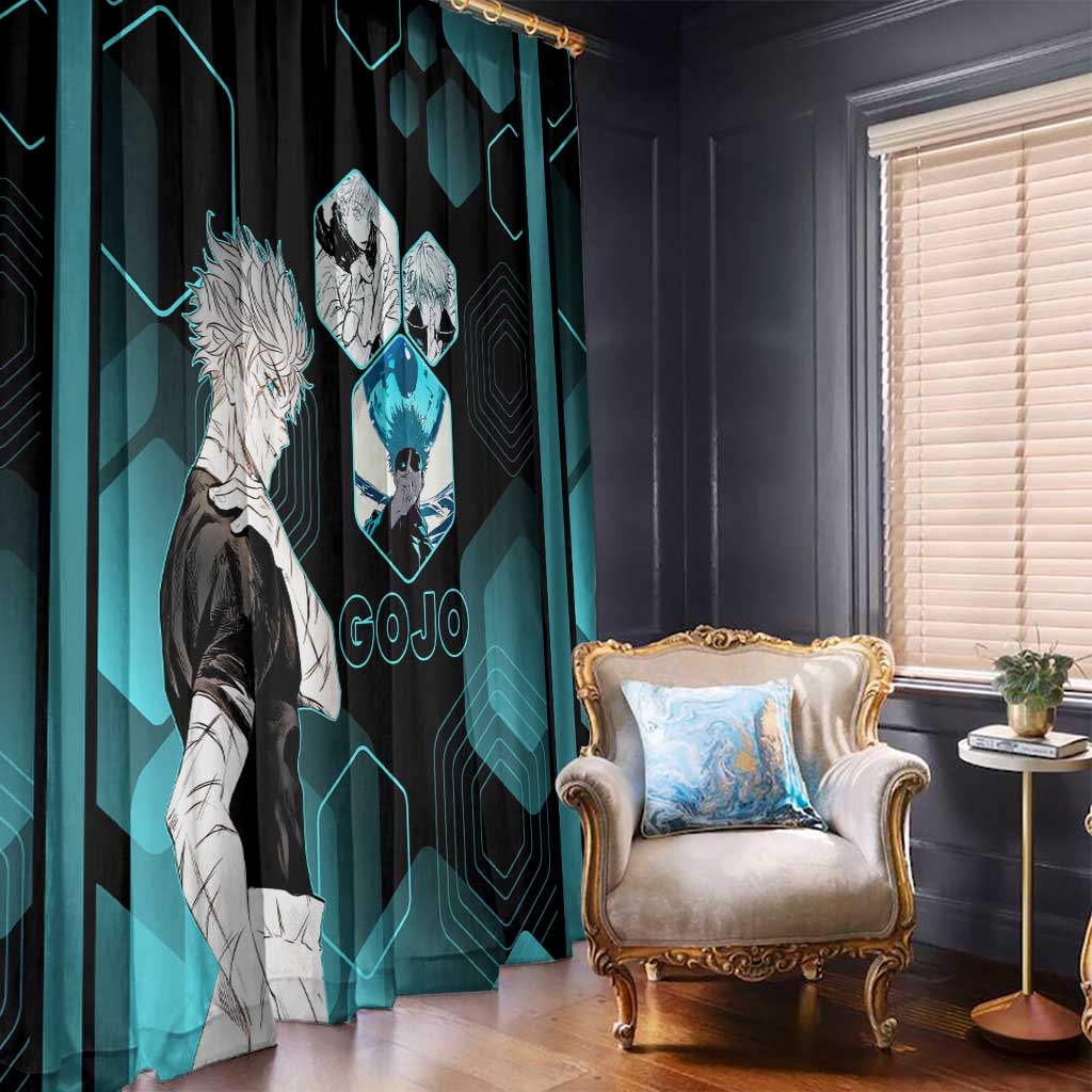 Gojo Satoru Jujutsu Kaisen Blue Hexagon Pattern Window Curtain with Intense Expressions and Modern Anime Art - The Mazicc