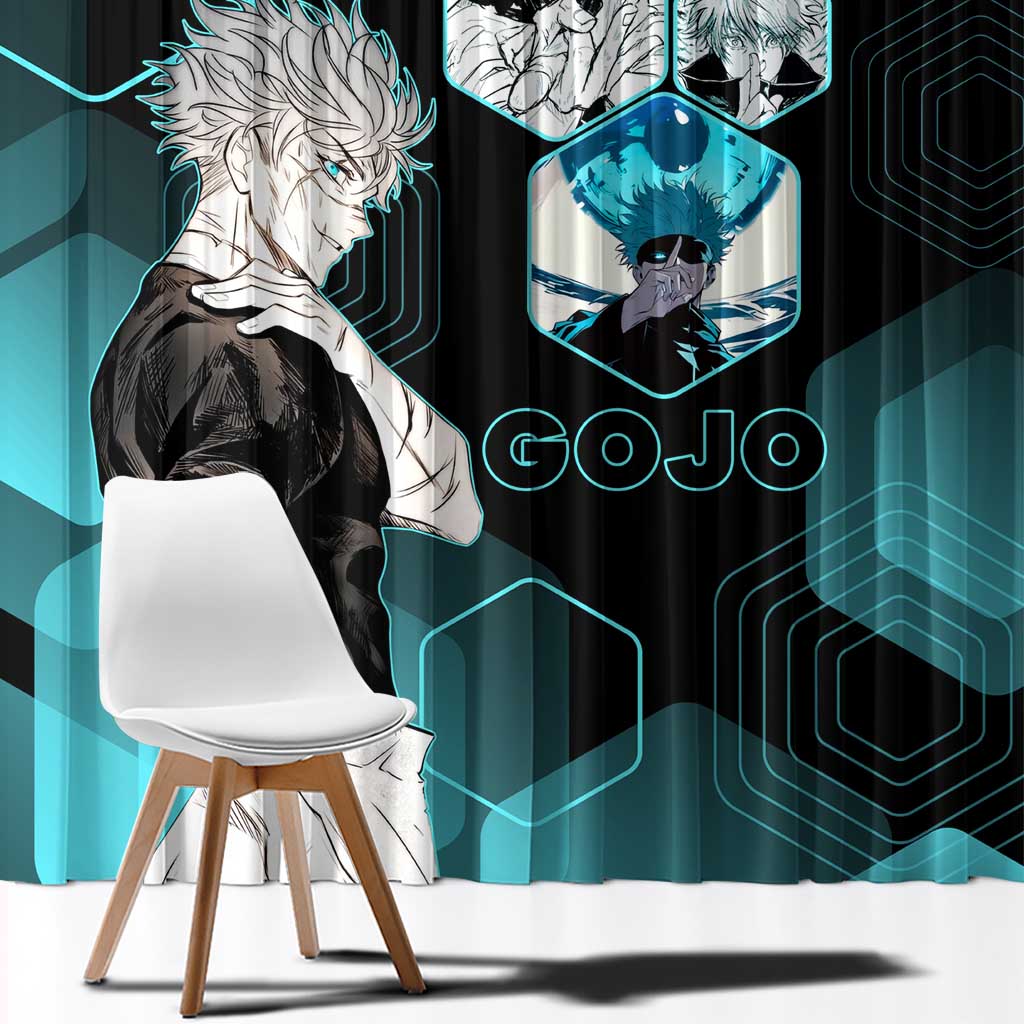Gojo Satoru Jujutsu Kaisen Blue Hexagon Pattern Window Curtain with Intense Expressions and Modern Anime Art - The Mazicc