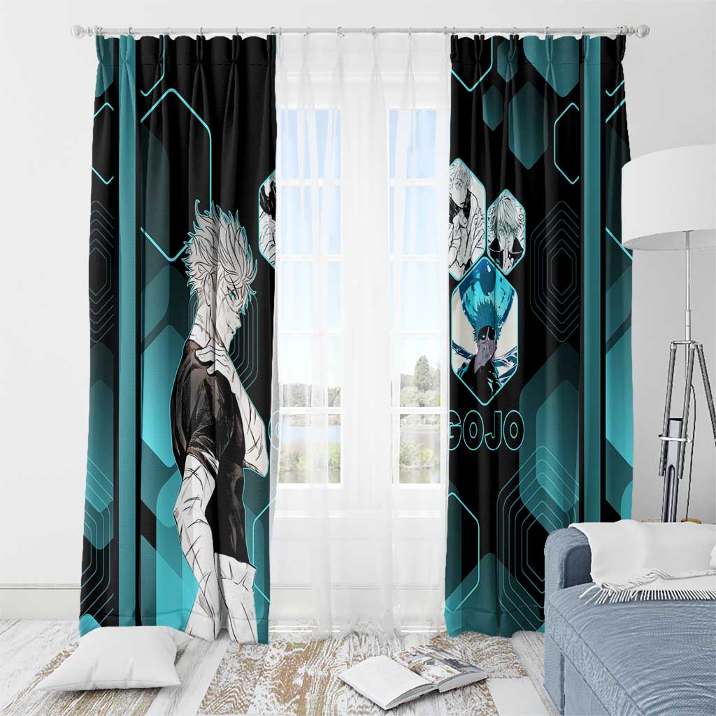 Gojo Satoru Jujutsu Kaisen Blue Hexagon Pattern Window Curtain with Intense Expressions and Modern Anime Art - The Mazicc