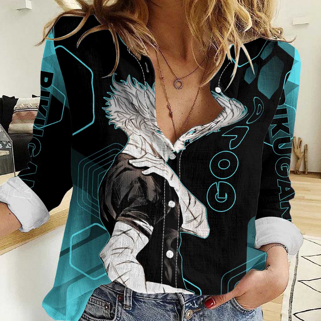 Gojo Satoru Jujutsu Kaisen Blue Hexagon Pattern Women Casual Shirt with Intense Expressions and Modern Anime Art - The Mazicc