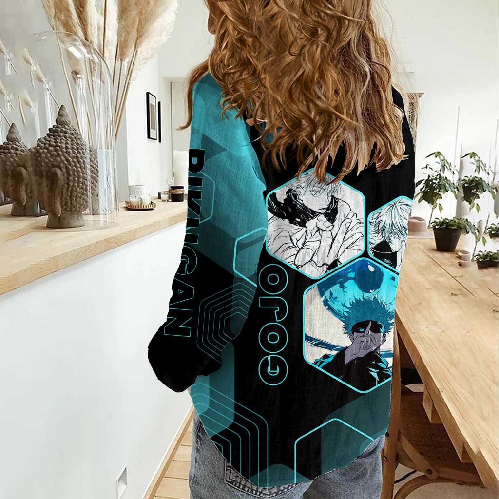 Gojo Satoru Jujutsu Kaisen Blue Hexagon Pattern Women Casual Shirt with Intense Expressions and Modern Anime Art - The Mazicc