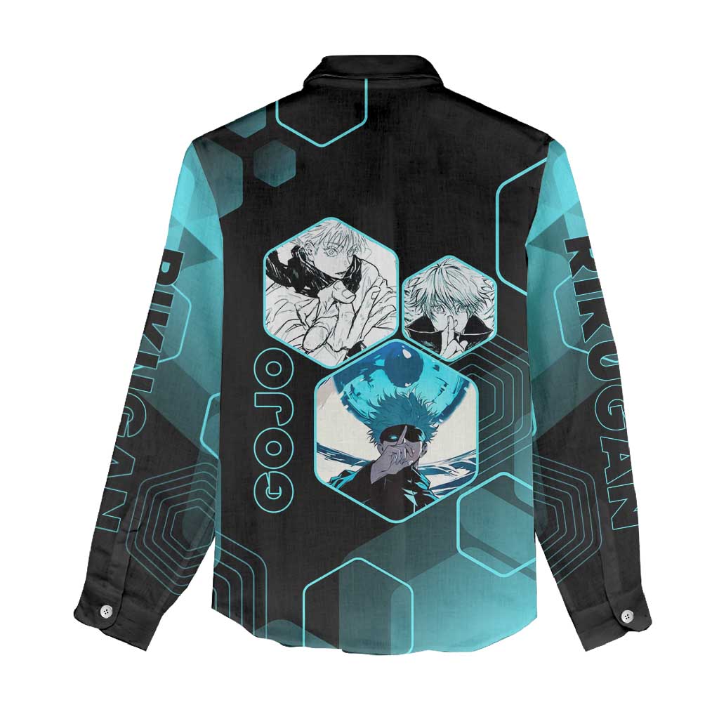 Gojo Satoru Jujutsu Kaisen Blue Hexagon Pattern Women Casual Shirt with Intense Expressions and Modern Anime Art - The Mazicc