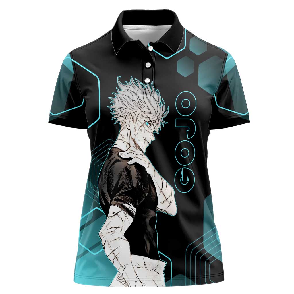Gojo Satoru Jujutsu Kaisen Blue Hexagon Pattern Women Polo Shirt with Intense Expressions and Modern Anime Art - The Mazicc