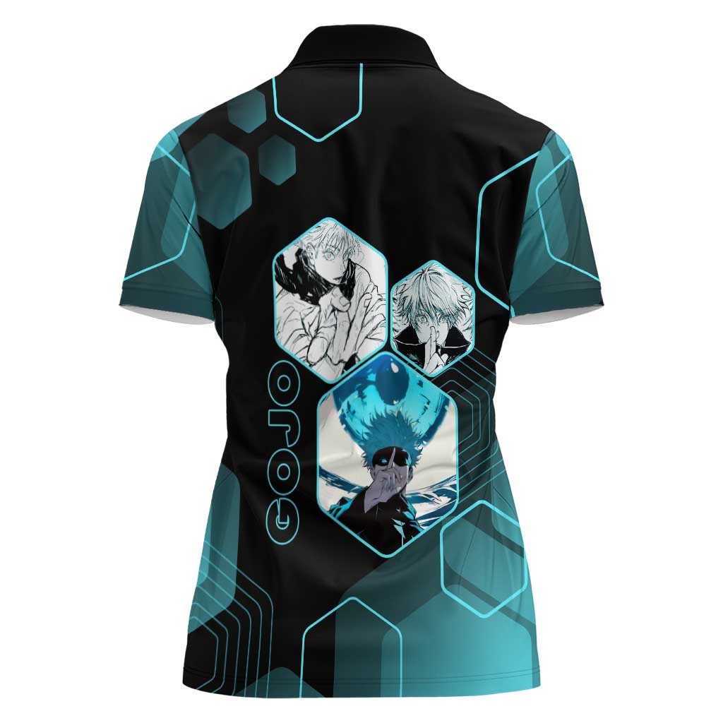Gojo Satoru Jujutsu Kaisen Blue Hexagon Pattern Women Polo Shirt with Intense Expressions and Modern Anime Art - The Mazicc