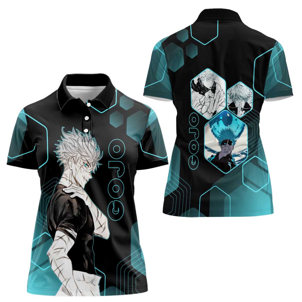 Gojo Satoru Jujutsu Kaisen Blue Hexagon Pattern Women Polo Shirt with Intense Expressions and Modern Anime Art - The Mazicc