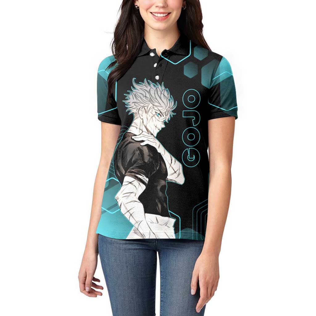 Gojo Satoru Jujutsu Kaisen Blue Hexagon Pattern Women Polo Shirt with Intense Expressions and Modern Anime Art - The Mazicc