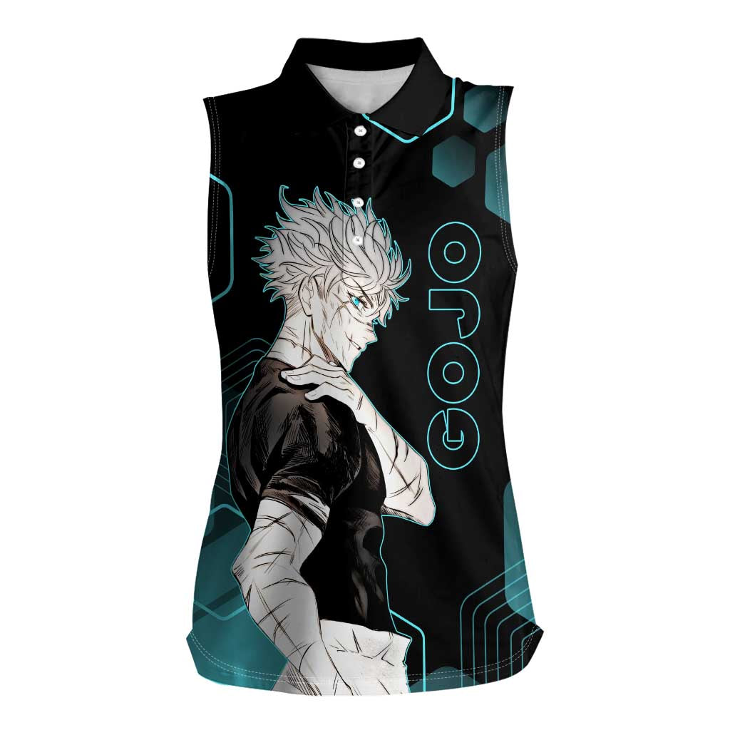 Gojo Satoru Jujutsu Kaisen Blue Hexagon Pattern Women Sleeveless Polo Shirt with Intense Expressions and Modern Anime Art - The Mazicc