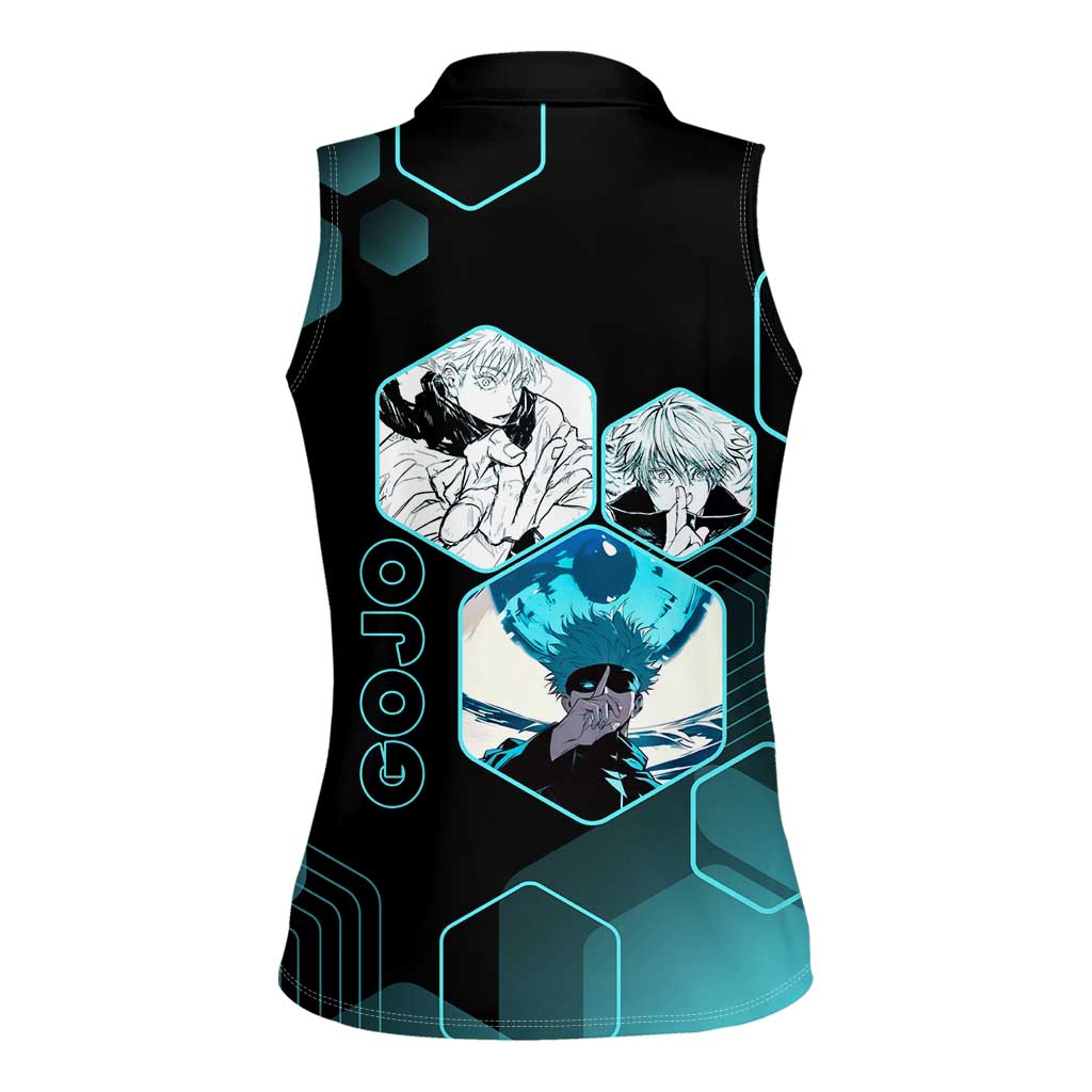 Gojo Satoru Jujutsu Kaisen Blue Hexagon Pattern Women Sleeveless Polo Shirt with Intense Expressions and Modern Anime Art - The Mazicc