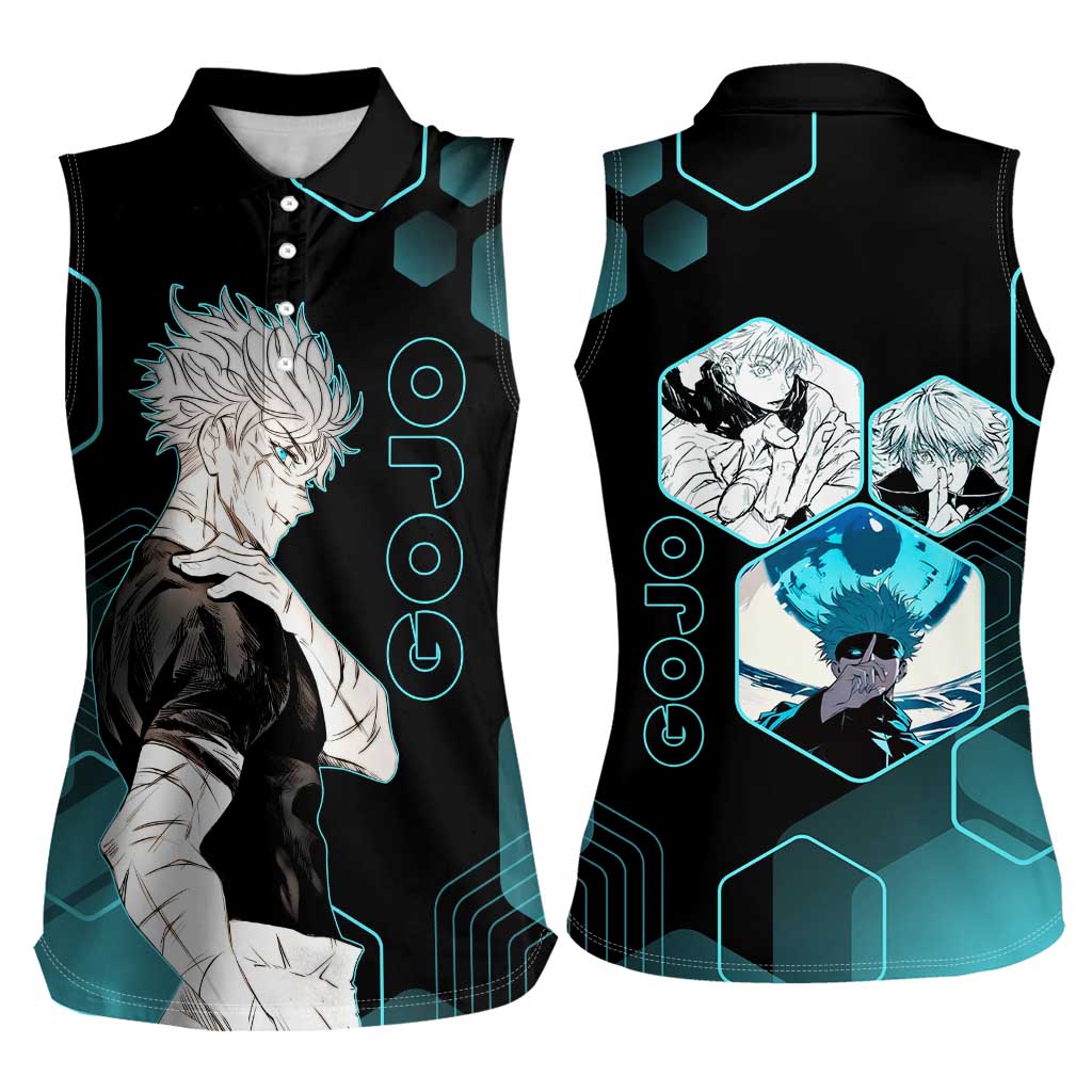 Gojo Satoru Jujutsu Kaisen Blue Hexagon Pattern Women Sleeveless Polo Shirt with Intense Expressions and Modern Anime Art - The Mazicc