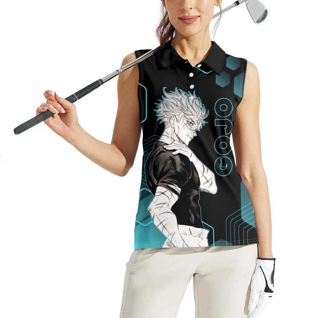 Gojo Satoru Jujutsu Kaisen Blue Hexagon Pattern Women Sleeveless Polo Shirt with Intense Expressions and Modern Anime Art - The Mazicc