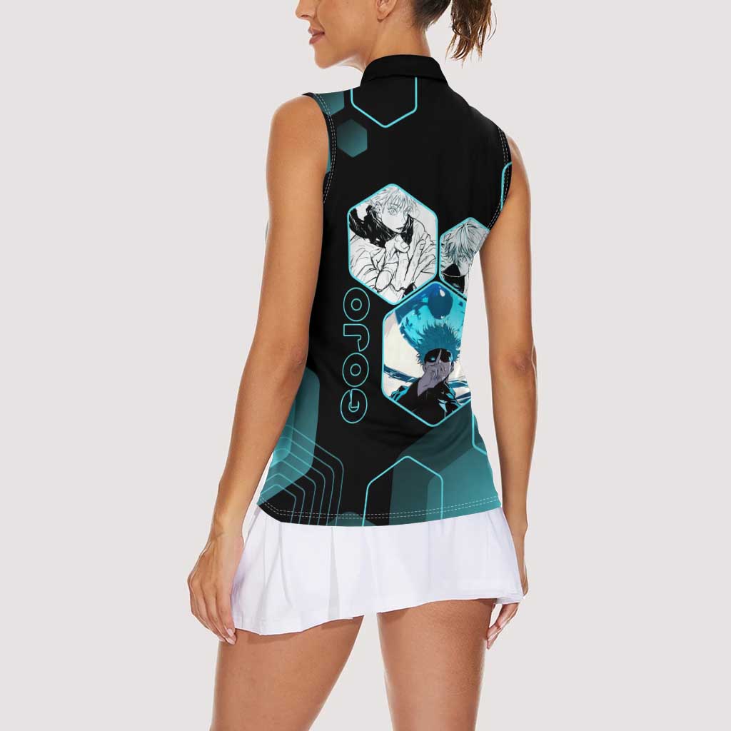 Gojo Satoru Jujutsu Kaisen Blue Hexagon Pattern Women Sleeveless Polo Shirt with Intense Expressions and Modern Anime Art - The Mazicc