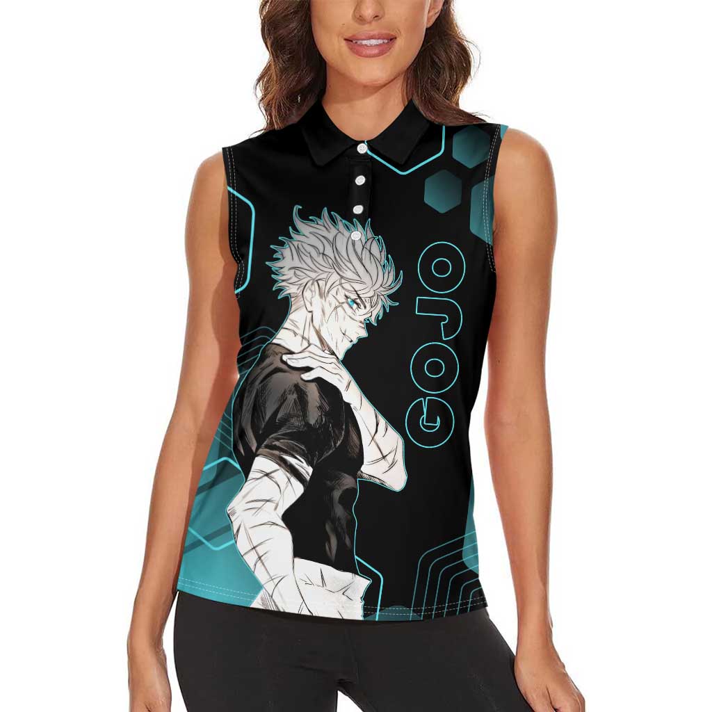 Gojo Satoru Jujutsu Kaisen Blue Hexagon Pattern Women Sleeveless Polo Shirt with Intense Expressions and Modern Anime Art - The Mazicc