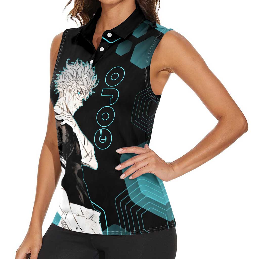 Gojo Satoru Jujutsu Kaisen Blue Hexagon Pattern Women Sleeveless Polo Shirt with Intense Expressions and Modern Anime Art - The Mazicc