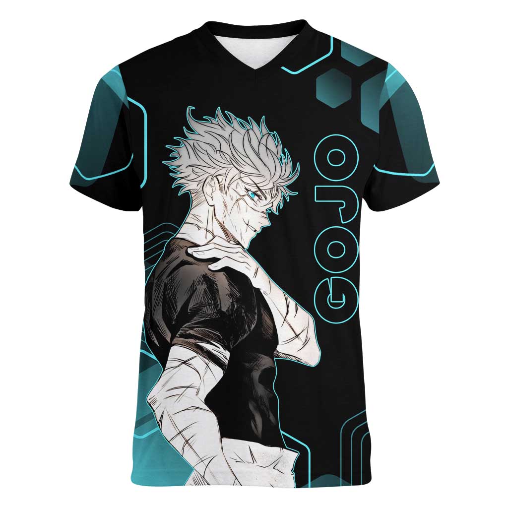 Gojo Satoru Jujutsu Kaisen Blue Hexagon Pattern Women V-Neck T-Shirt with Intense Expressions and Modern Anime Art - The Mazicc
