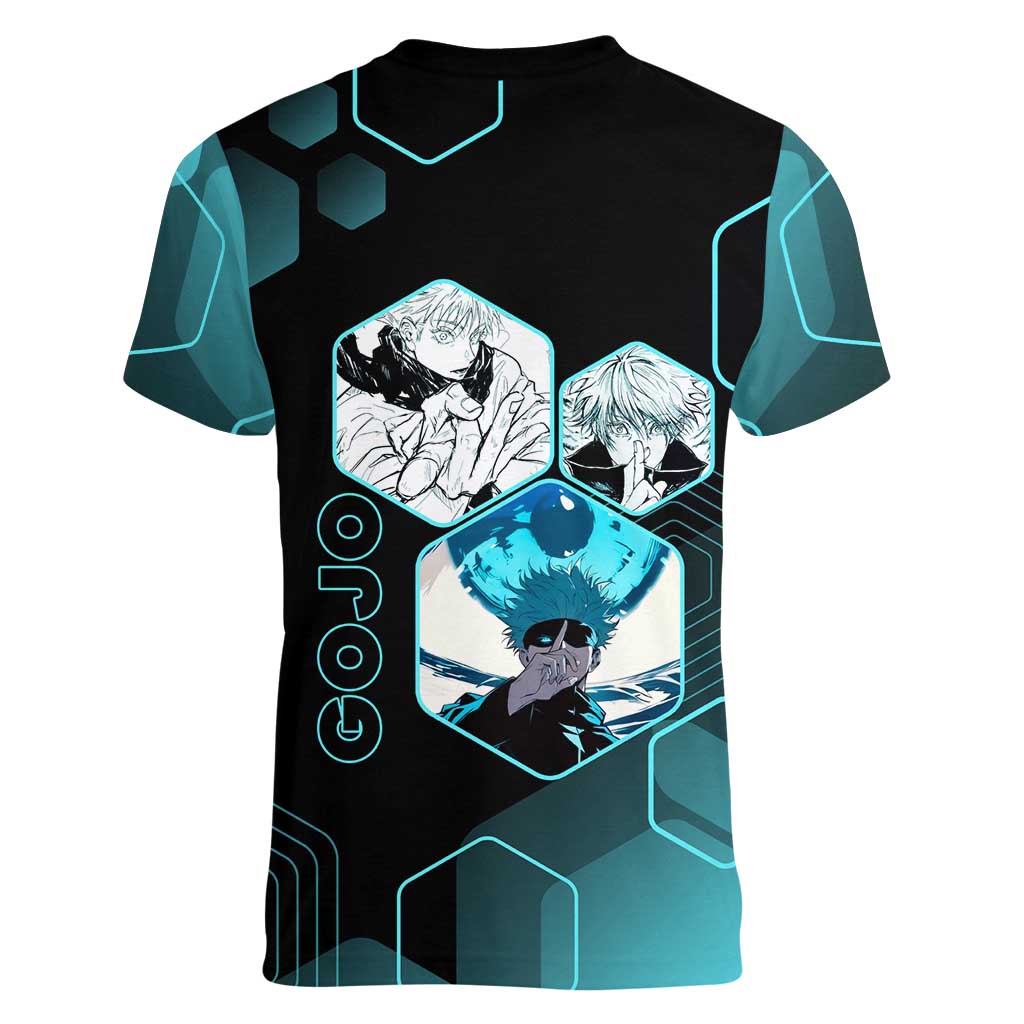 Gojo Satoru Jujutsu Kaisen Blue Hexagon Pattern Women V-Neck T-Shirt with Intense Expressions and Modern Anime Art - The Mazicc