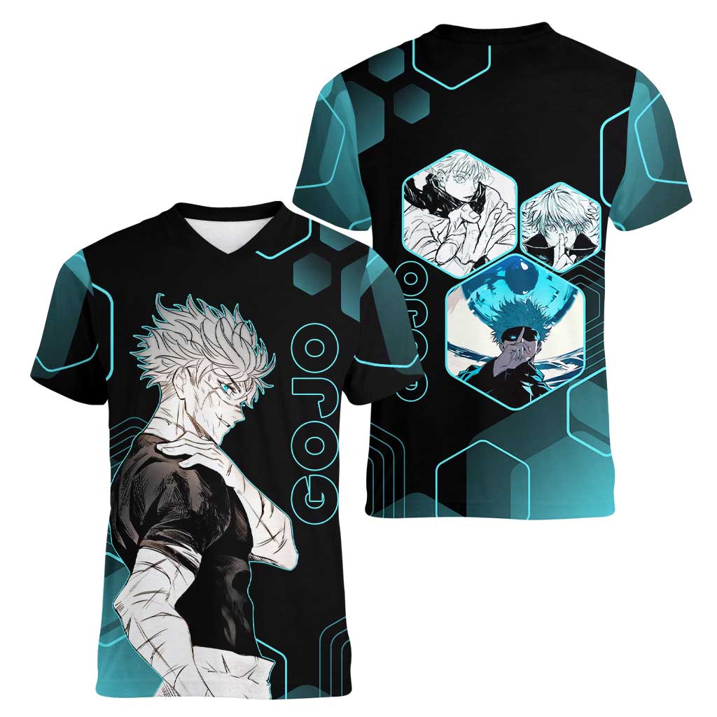 Gojo Satoru Jujutsu Kaisen Blue Hexagon Pattern Women V-Neck T-Shirt with Intense Expressions and Modern Anime Art - The Mazicc