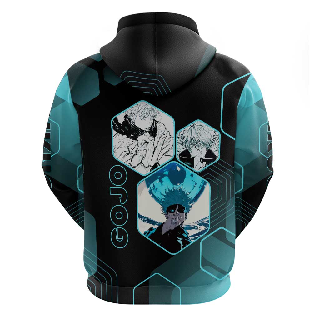Gojo Satoru Jujutsu Kaisen Blue Hexagon Pattern Zip Hoodie with Intense Expressions and Modern Anime Art - The Mazicc