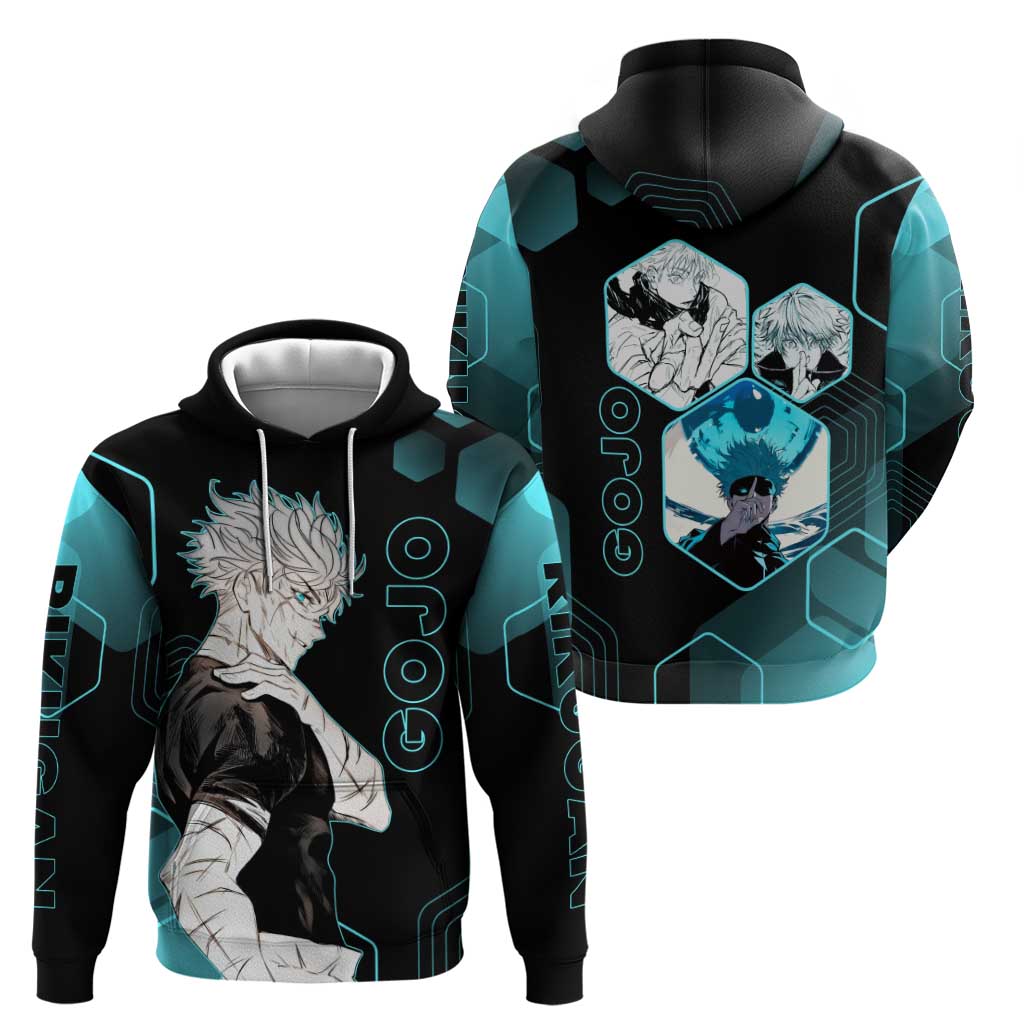 Gojo Satoru Jujutsu Kaisen Blue Hexagon Pattern Zip Hoodie with Intense Expressions and Modern Anime Art - The Mazicc
