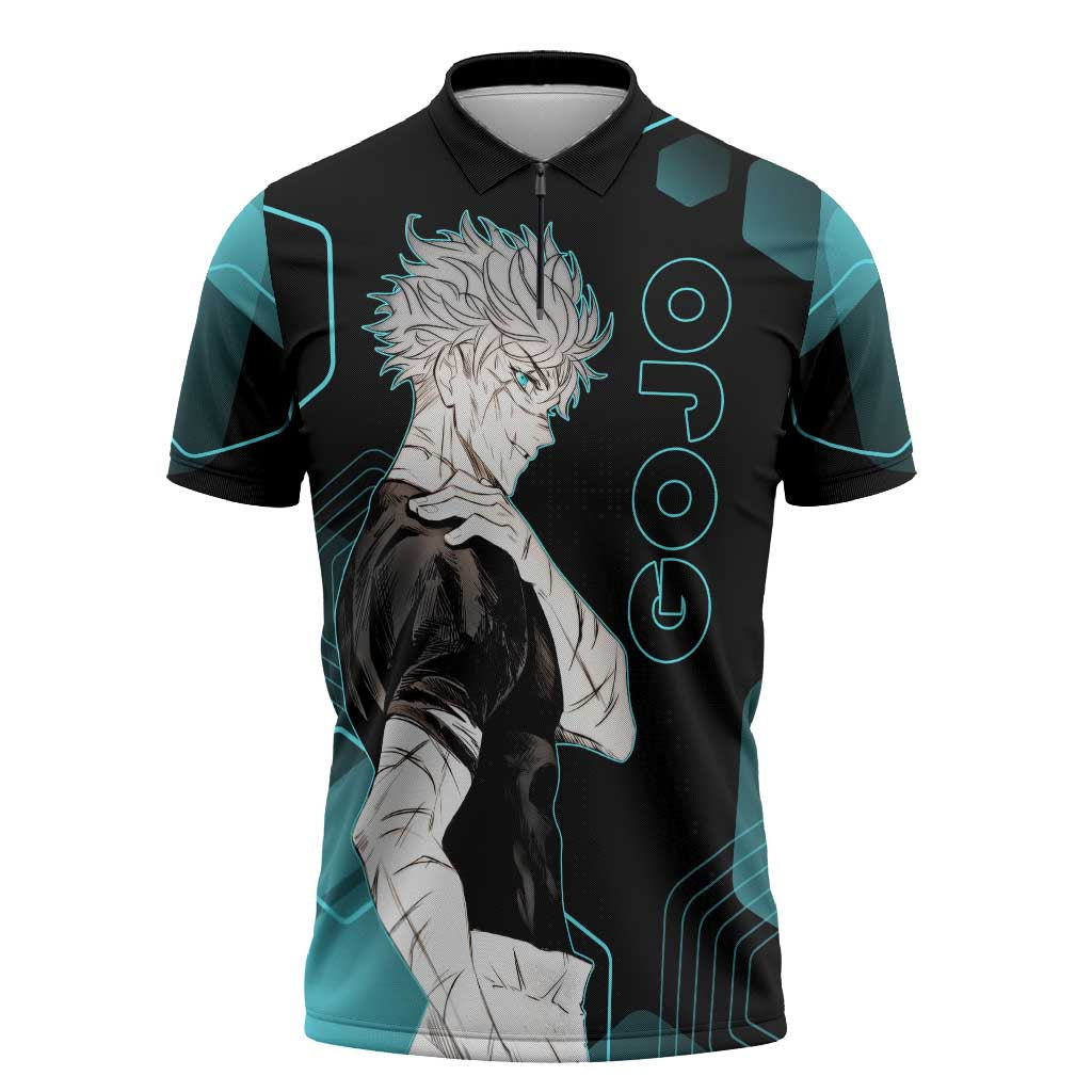 Gojo Satoru Jujutsu Kaisen Blue Hexagon Pattern Zipper Polo Shirt with Intense Expressions and Modern Anime Art - The Mazicc