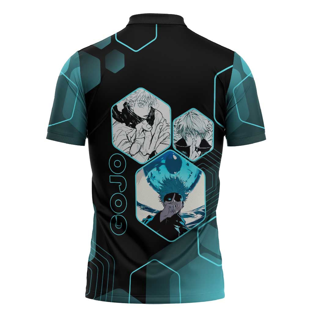 Gojo Satoru Jujutsu Kaisen Blue Hexagon Pattern Zipper Polo Shirt with Intense Expressions and Modern Anime Art - The Mazicc