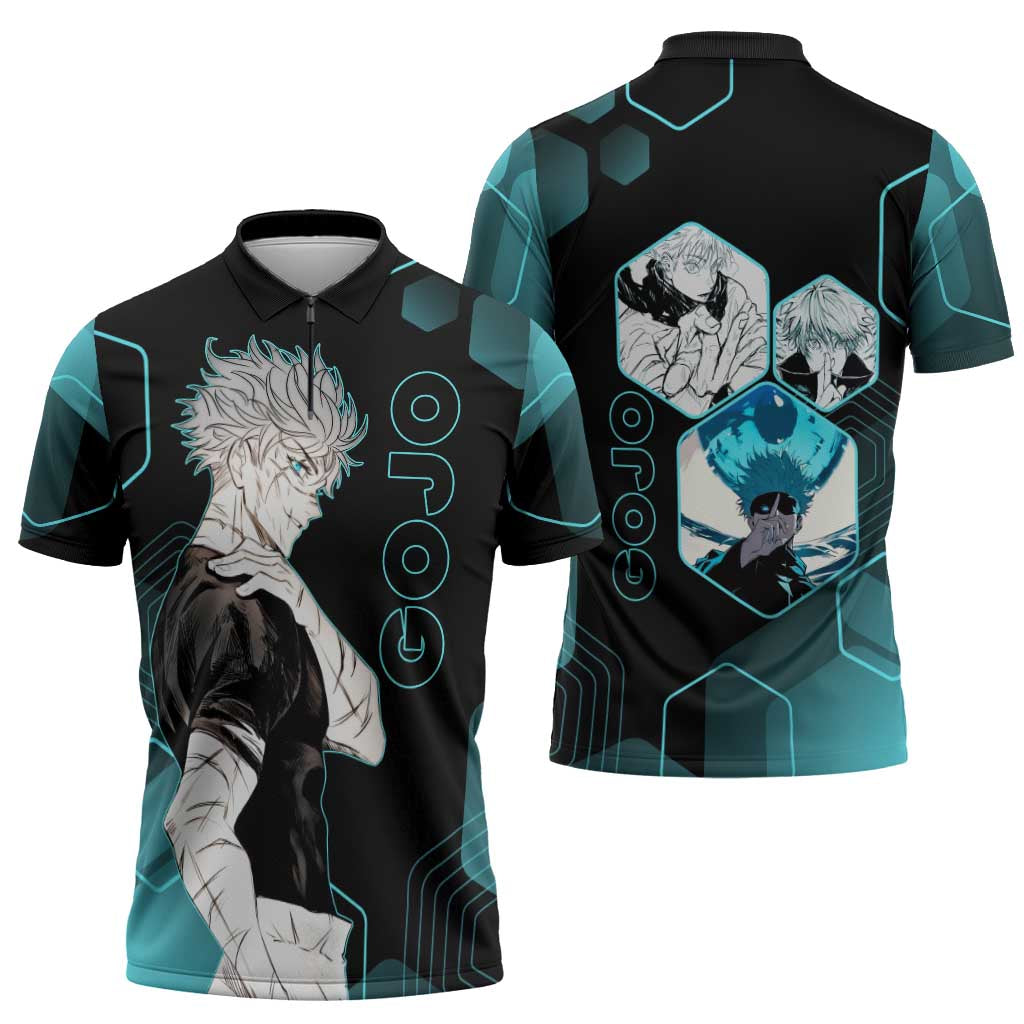 Gojo Satoru Jujutsu Kaisen Blue Hexagon Pattern Zipper Polo Shirt with Intense Expressions and Modern Anime Art - The Mazicc