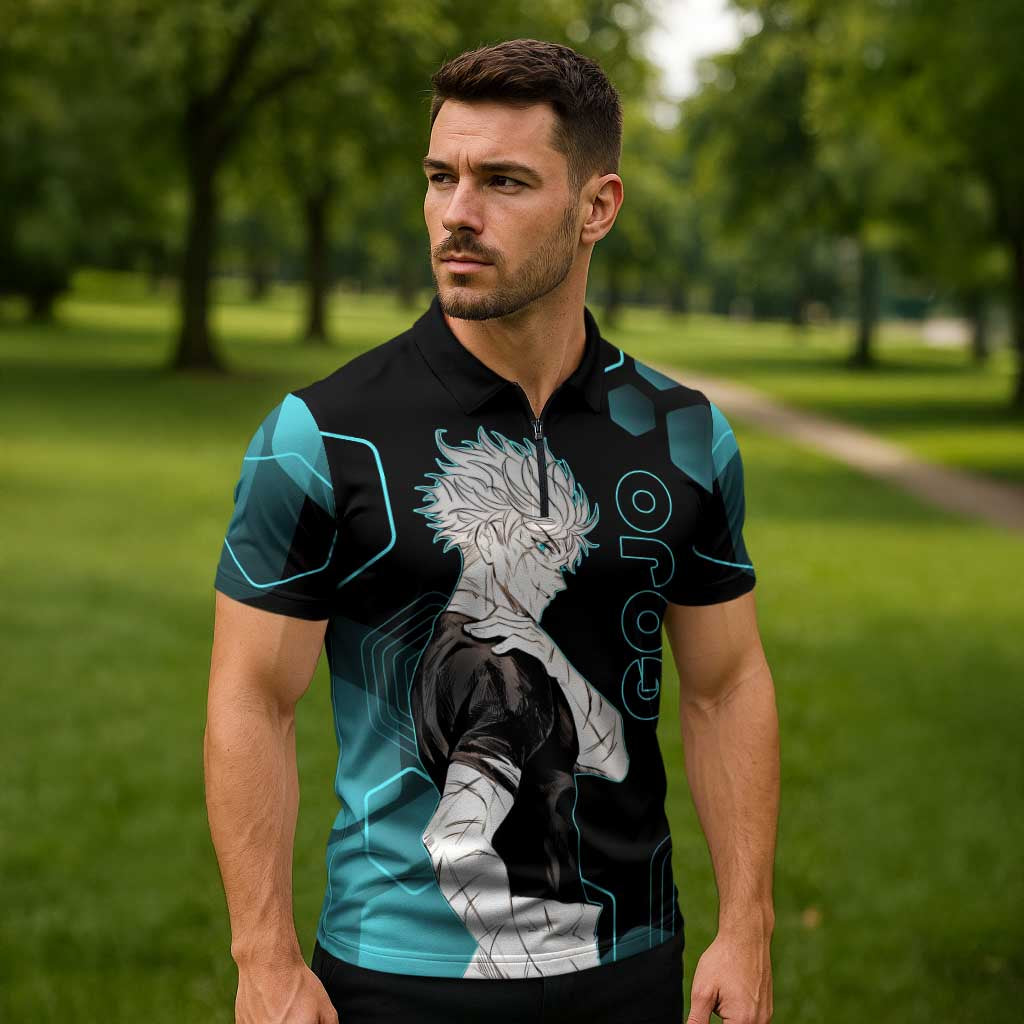 Gojo Satoru Jujutsu Kaisen Blue Hexagon Pattern Zipper Polo Shirt with Intense Expressions and Modern Anime Art - The Mazicc