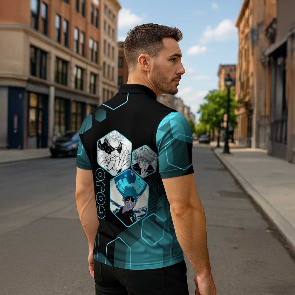 Gojo Satoru Jujutsu Kaisen Blue Hexagon Pattern Zipper Polo Shirt with Intense Expressions and Modern Anime Art - The Mazicc