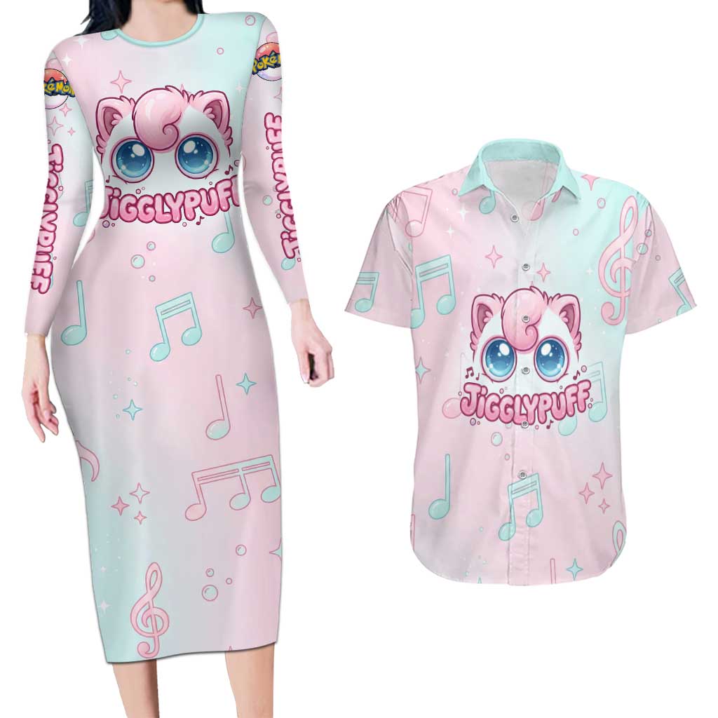 Jigglypuff Couples Matching Long Sleeve Bodycon Dress and Hawaiian Shirt Pastel Melody Pop Art