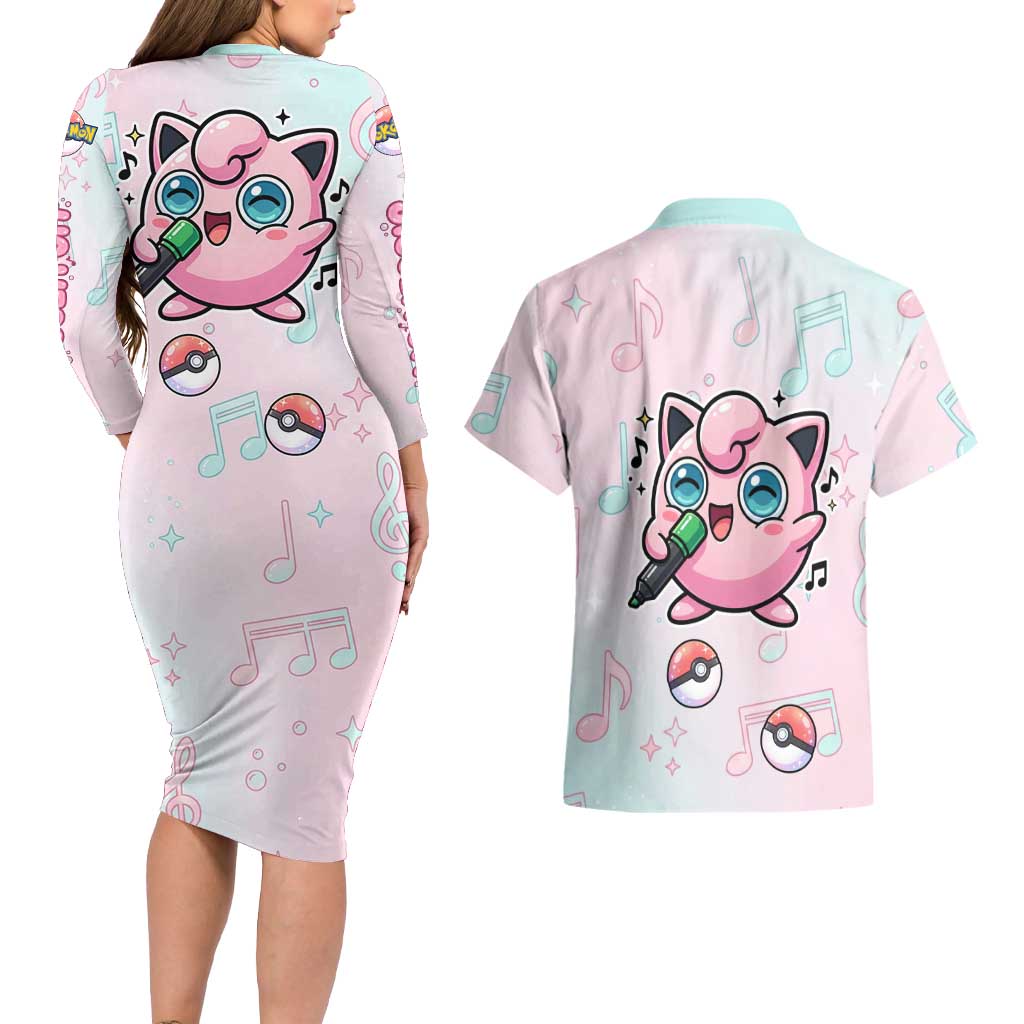 Jigglypuff Couples Matching Long Sleeve Bodycon Dress and Hawaiian Shirt Pastel Melody Pop Art