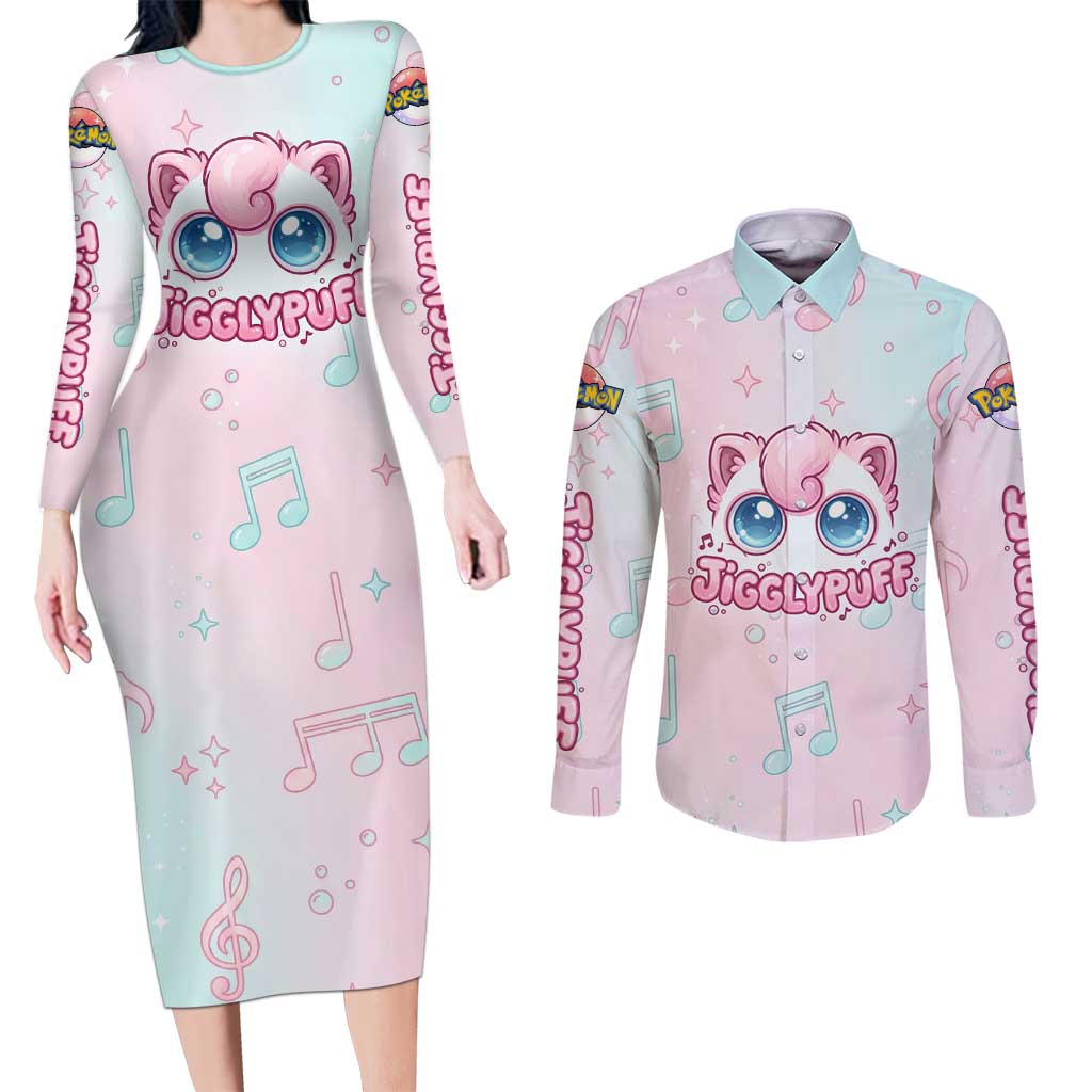 Jigglypuff Couples Matching Long Sleeve Bodycon Dress and Long Sleeve Button Shirt Pastel Melody Pop Art