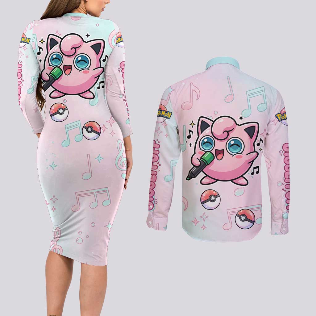 Jigglypuff Couples Matching Long Sleeve Bodycon Dress and Long Sleeve Button Shirt Pastel Melody Pop Art