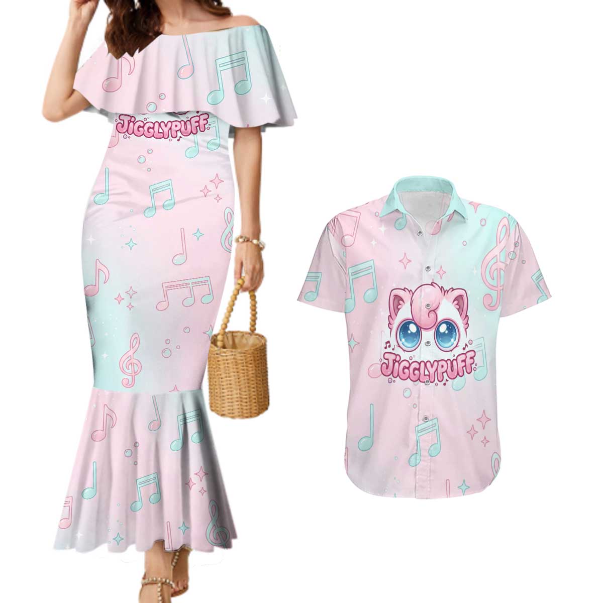 Jigglypuff Couples Matching Mermaid Dress and Hawaiian Shirt Pastel Melody Pop Art