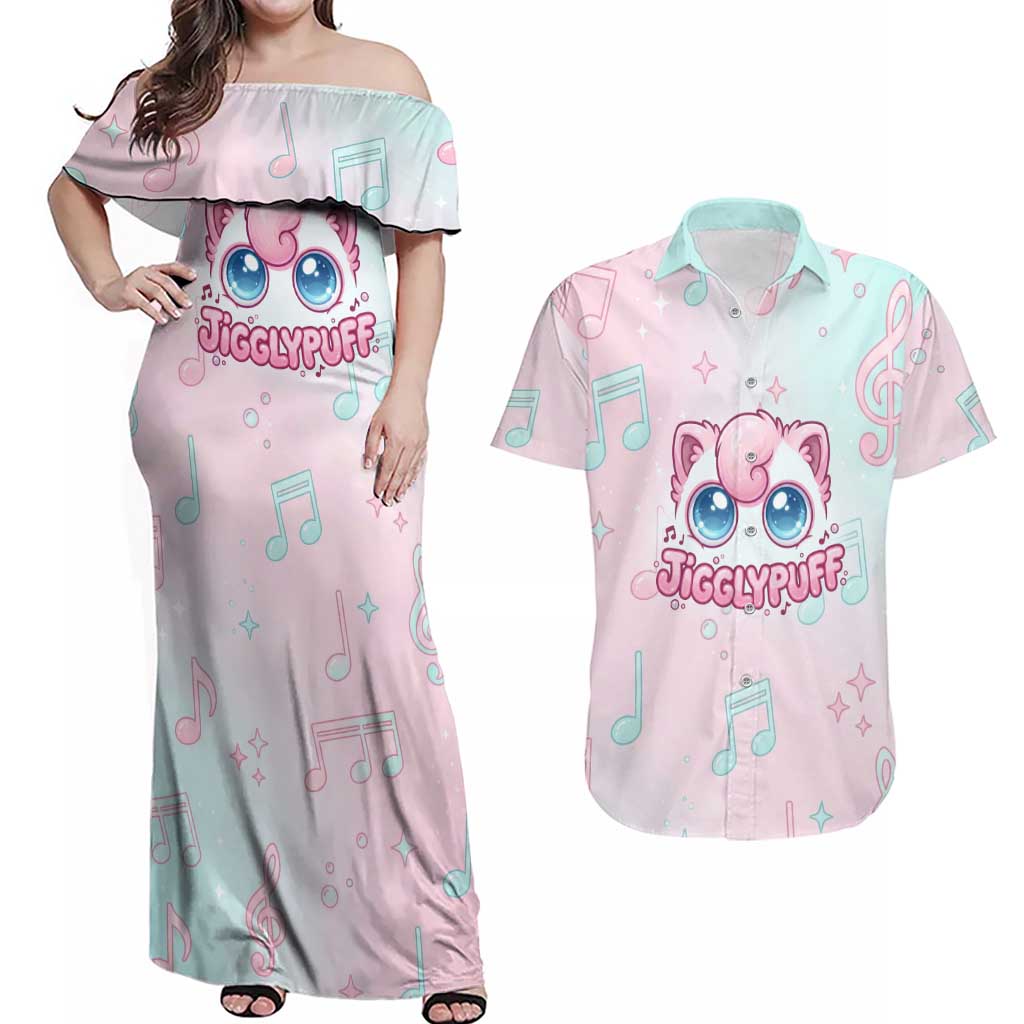 Jigglypuff Couples Matching Off Shoulder Maxi Dress and Hawaiian Shirt Pastel Melody Pop Art