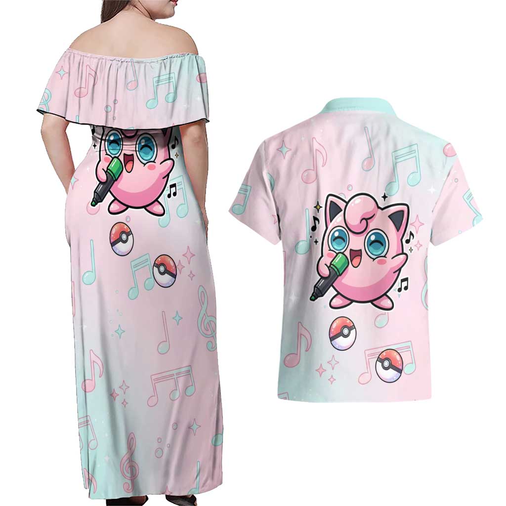 Jigglypuff Couples Matching Off Shoulder Maxi Dress and Hawaiian Shirt Pastel Melody Pop Art