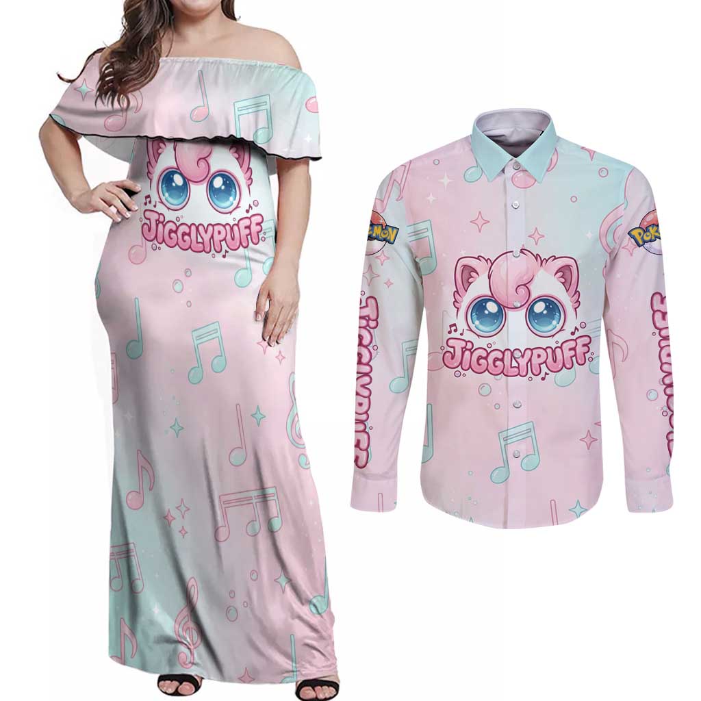 Jigglypuff Couples Matching Off Shoulder Maxi Dress and Long Sleeve Button Shirt Pastel Melody Pop Art