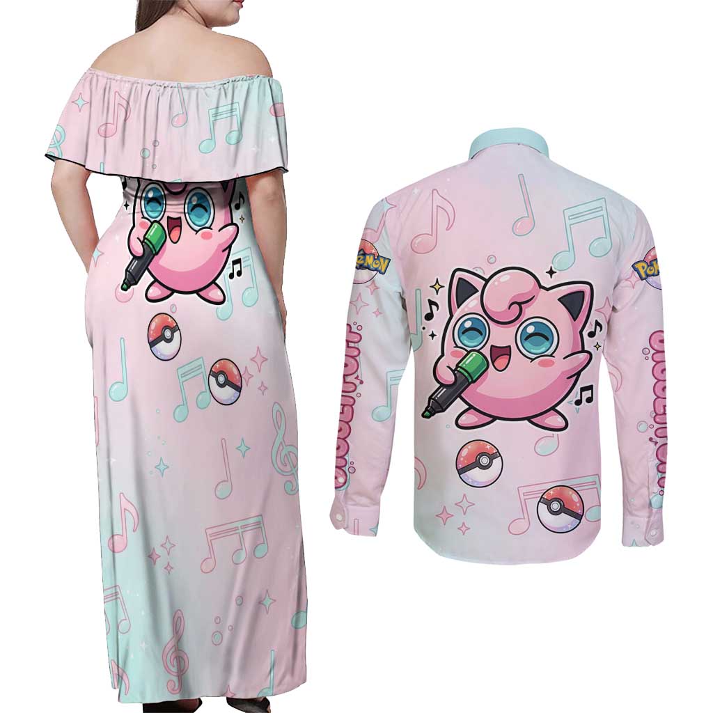 Jigglypuff Couples Matching Off Shoulder Maxi Dress and Long Sleeve Button Shirt Pastel Melody Pop Art