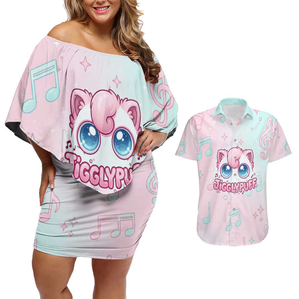 Jigglypuff Couples Matching Off Shoulder Short Dress and Hawaiian Shirt Pastel Melody Pop Art