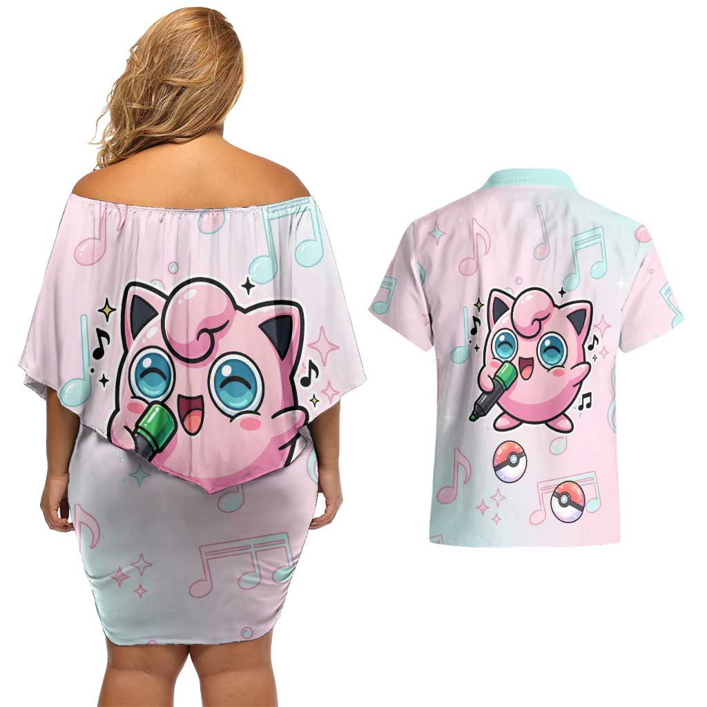 Jigglypuff Couples Matching Off Shoulder Short Dress and Hawaiian Shirt Pastel Melody Pop Art