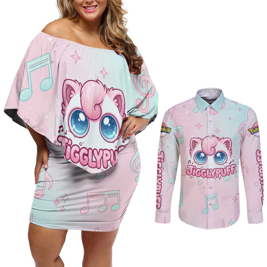 Jigglypuff Couples Matching Off Shoulder Short Dress and Long Sleeve Button Shirt Pastel Melody Pop Art