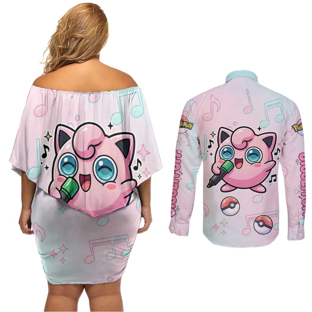 Jigglypuff Couples Matching Off Shoulder Short Dress and Long Sleeve Button Shirt Pastel Melody Pop Art