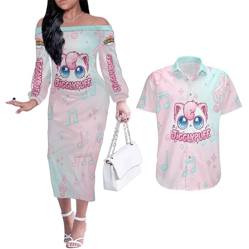 Jigglypuff Couples Matching Off The Shoulder Long Sleeve Dress and Hawaiian Shirt Pastel Melody Pop Art