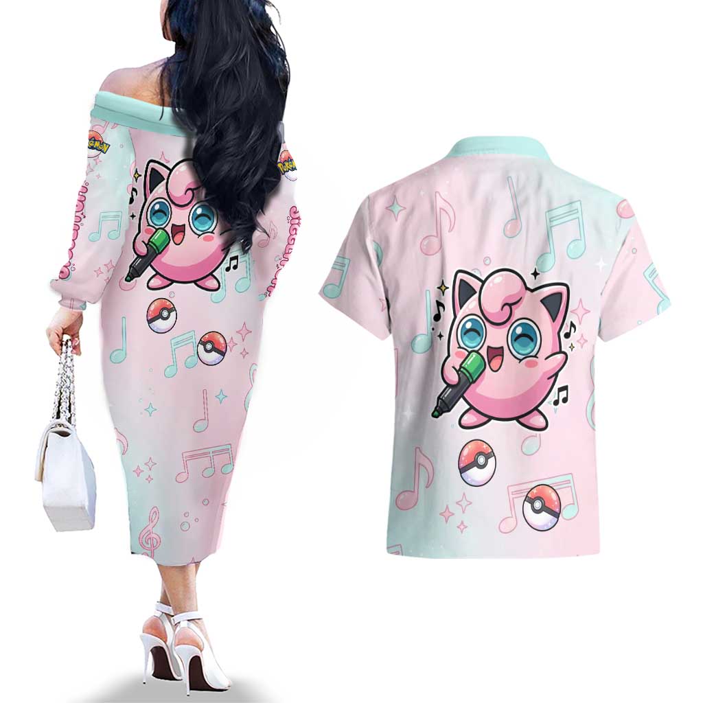 Jigglypuff Couples Matching Off The Shoulder Long Sleeve Dress and Hawaiian Shirt Pastel Melody Pop Art