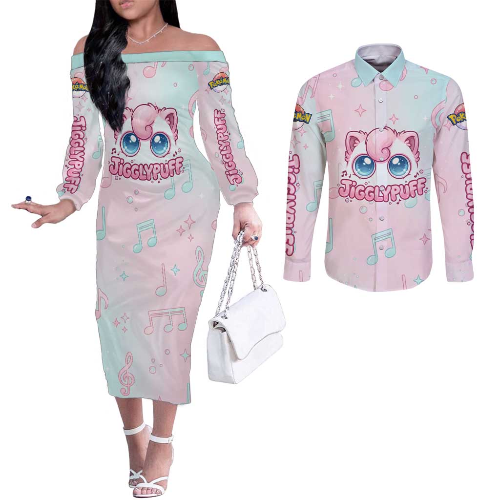 Jigglypuff Couples Matching Off The Shoulder Long Sleeve Dress and Long Sleeve Button Shirt Pastel Melody Pop Art