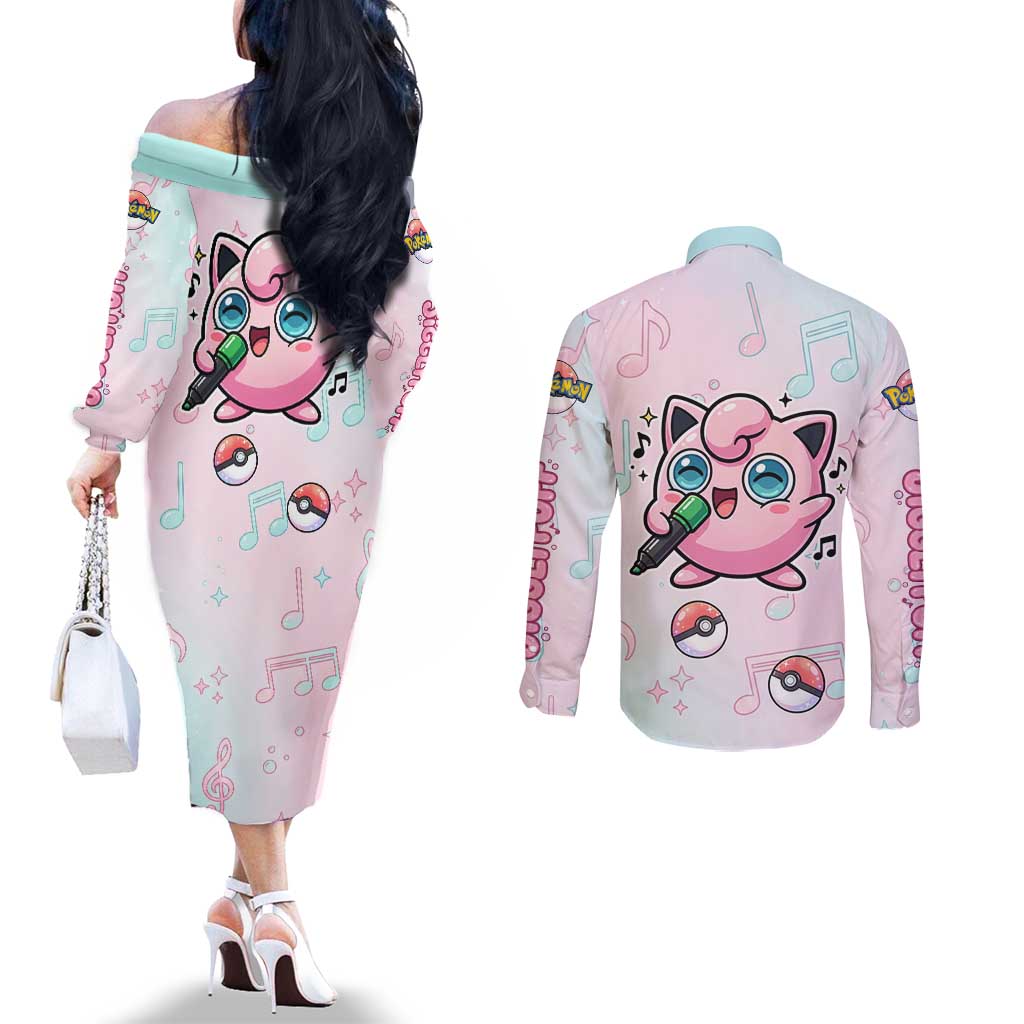 Jigglypuff Couples Matching Off The Shoulder Long Sleeve Dress and Long Sleeve Button Shirt Pastel Melody Pop Art