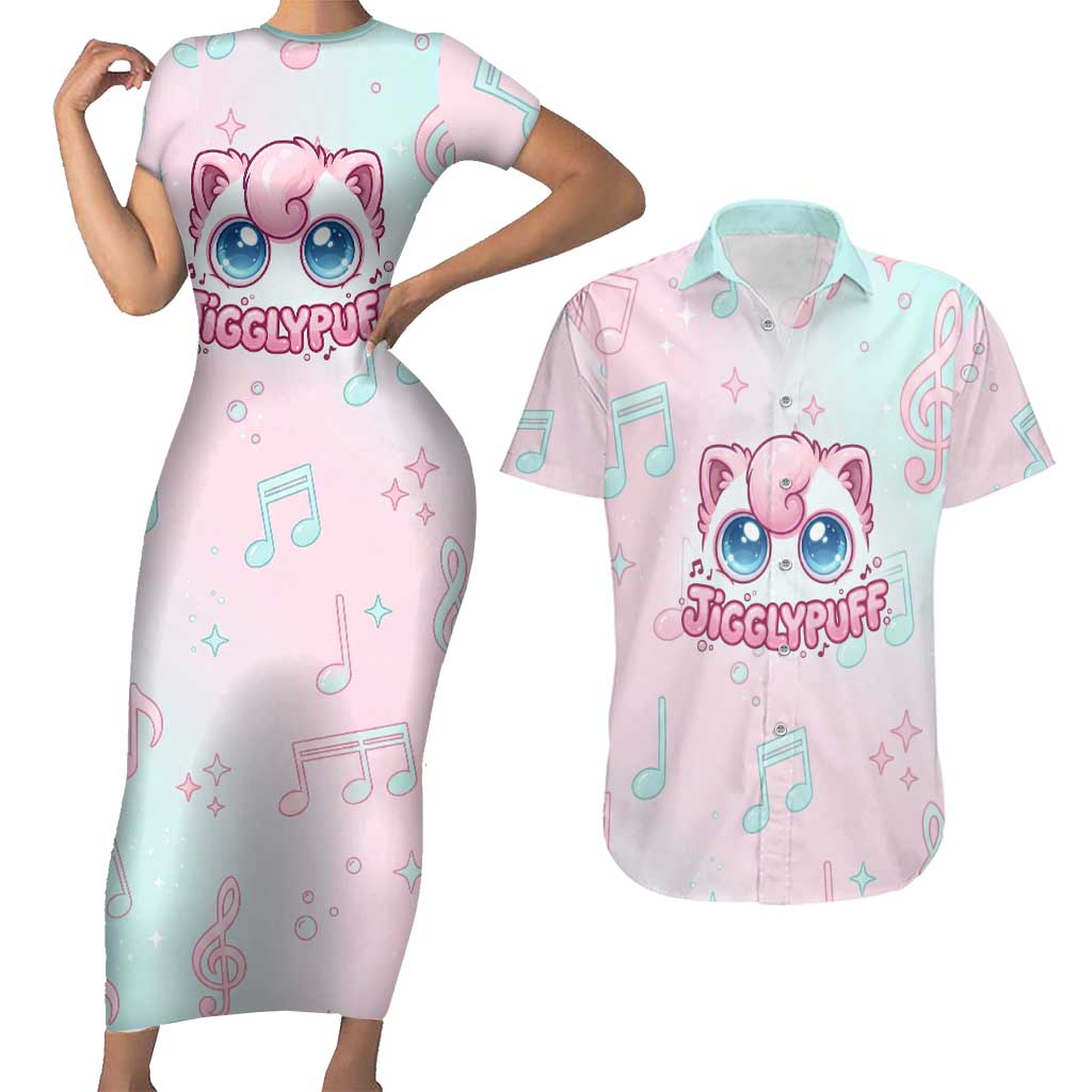 Jigglypuff Couples Matching Short Sleeve Bodycon Dress and Hawaiian Shirt Pastel Melody Pop Art