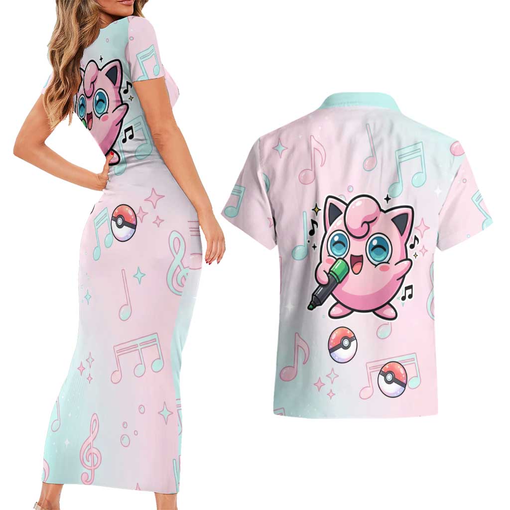 Jigglypuff Couples Matching Short Sleeve Bodycon Dress and Hawaiian Shirt Pastel Melody Pop Art