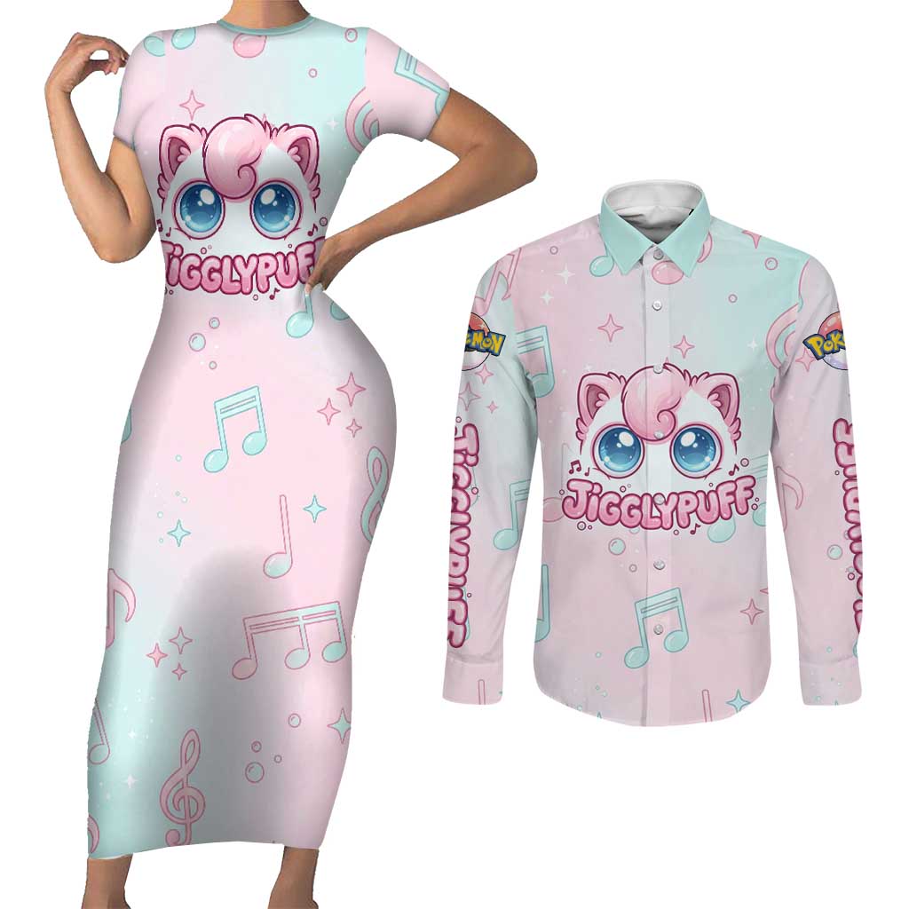Jigglypuff Couples Matching Short Sleeve Bodycon Dress and Long Sleeve Button Shirt Pastel Melody Pop Art