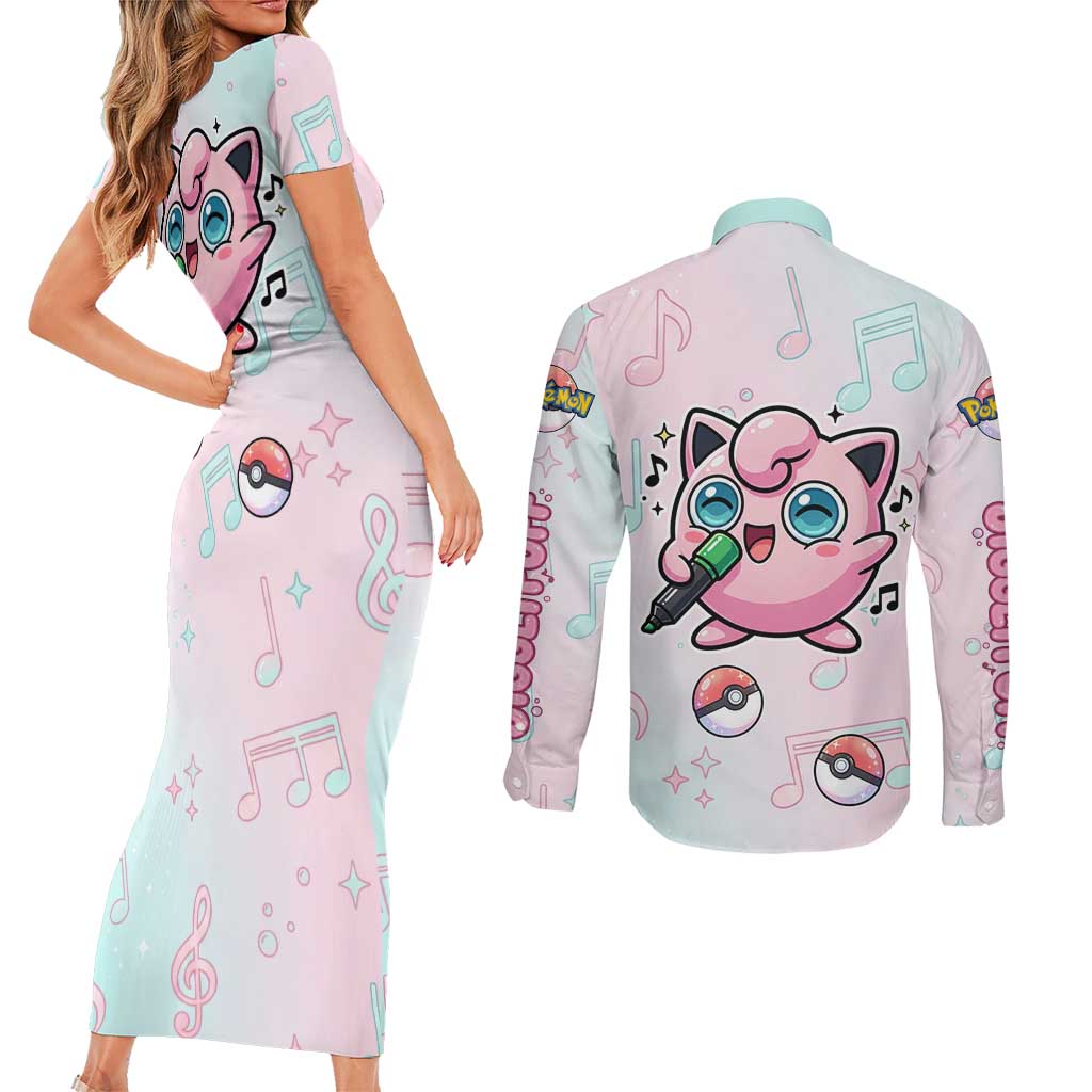 Jigglypuff Couples Matching Short Sleeve Bodycon Dress and Long Sleeve Button Shirt Pastel Melody Pop Art