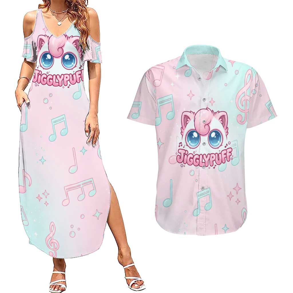 Jigglypuff Couples Matching Summer Maxi Dress and Hawaiian Shirt Pastel Melody Pop Art